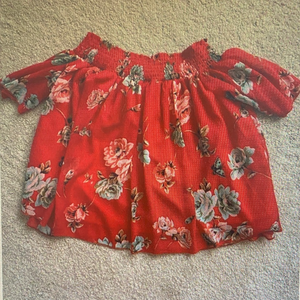 Girls' Red Floral Off-Shoulder Top
